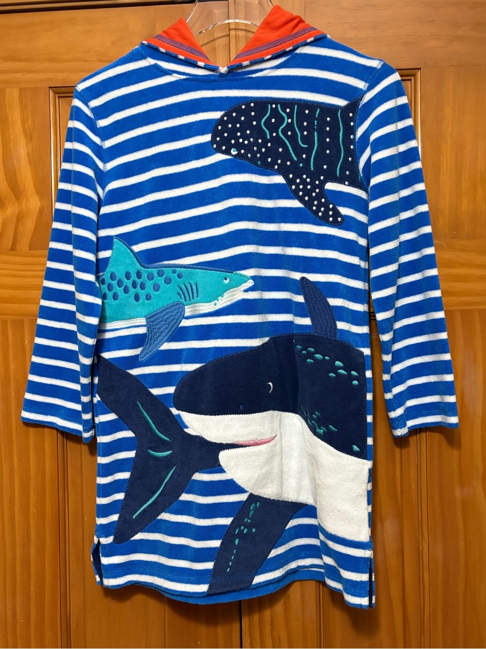 Boden Blue & White Striped Shark and Whale Hooded Swim Coverup 9-10Y EUC
